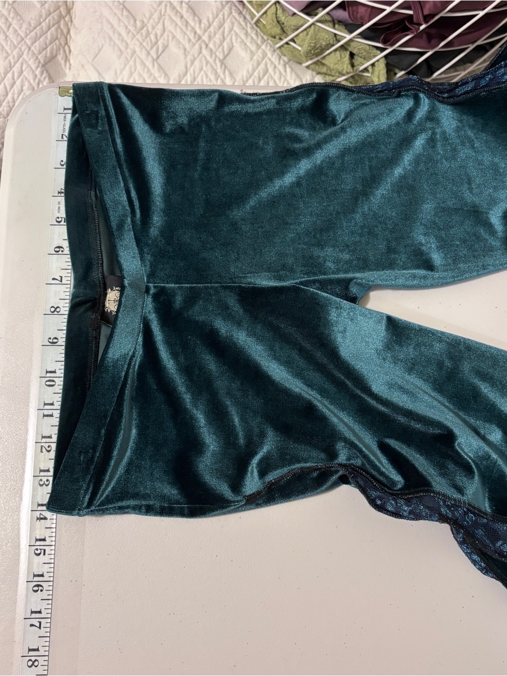 Whimsigoth Pants Velvet Lace Flare Pull On Size S Blue Green Regency Bloomer - Picture 4 of 10
